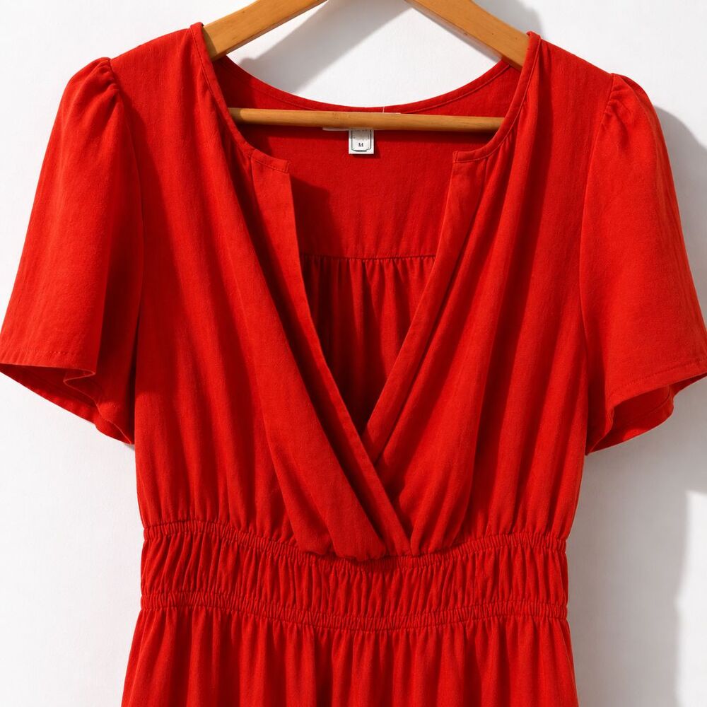 Womens Poppy Red Tiered Maxi Dress Medium Smocked Waist Boho Cottagecore Resort - Picture 3 of 10